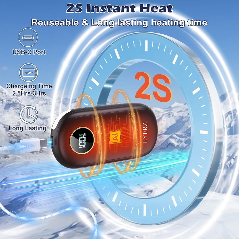 EYERZ Hand Warmers Rechargeable, Dual-Sided Electric Hand Warmers, LED Display, 4 Levels Fast Heat, Portable Heater Handwarmers, Gifts for Men, Women, Christmas, Hunting, Camping - Image 2